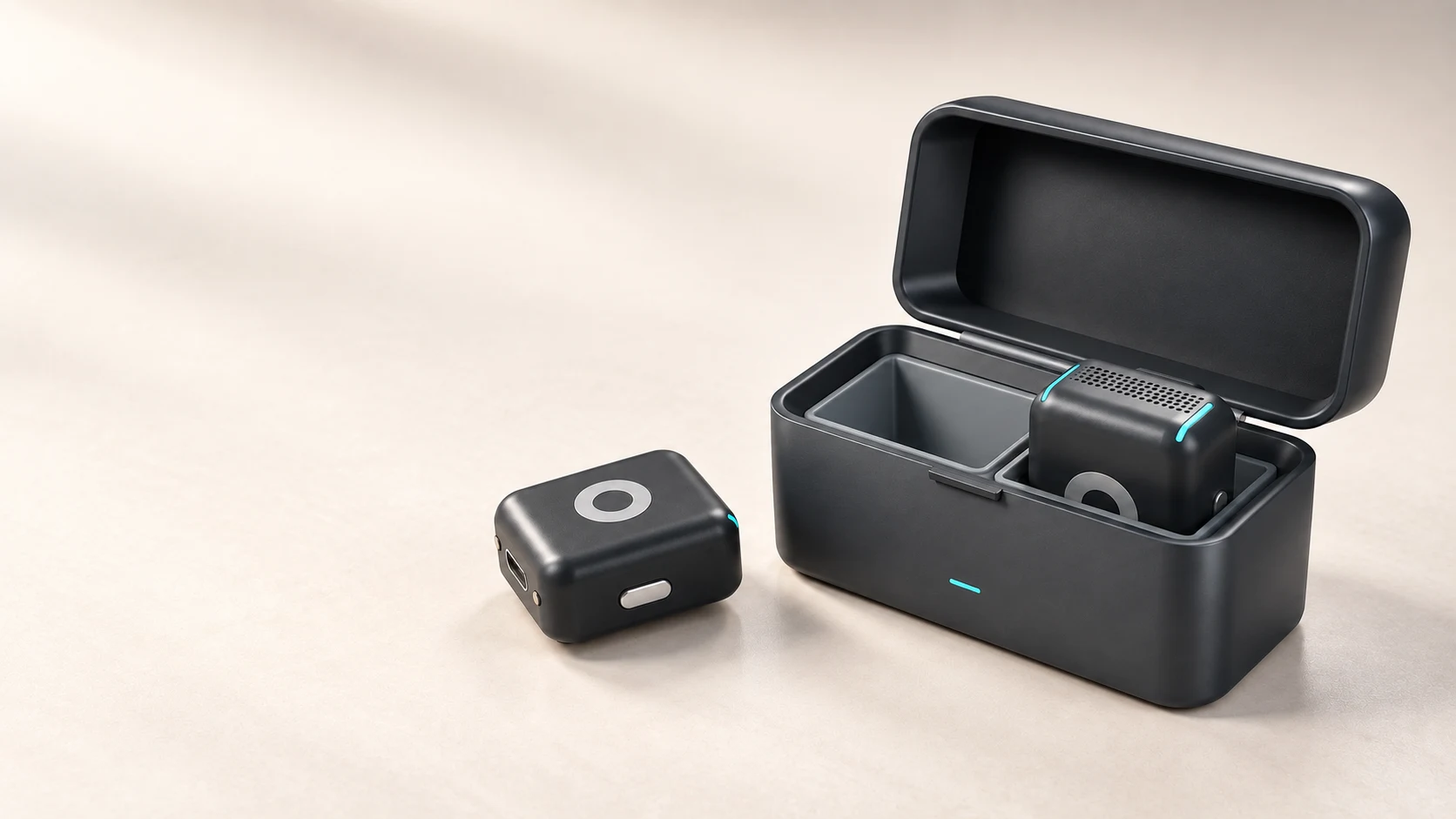 An open AERA charging case with two graphite microphones